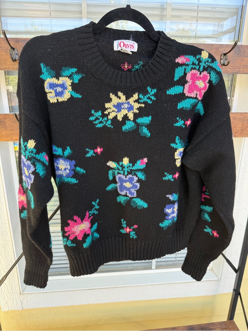 Vintage Orvis Black Floral Crewneck Sweater with Pink, Yellow & Blue Accents